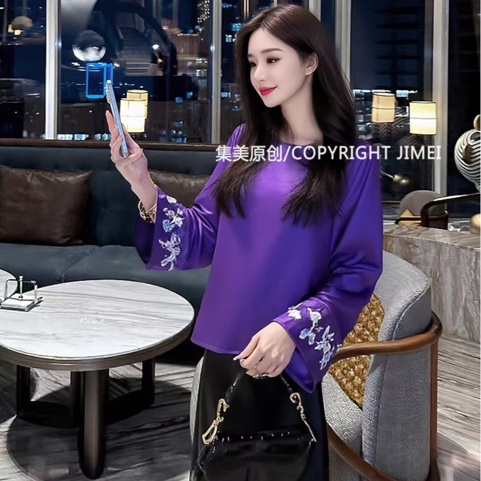 显瘦秋季上衣提花百搭网红刺绣长袖女装默认厚度复古春季宽松