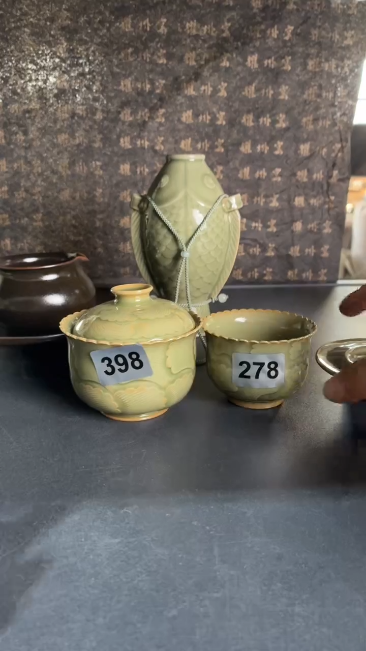 耀州窑仰山手工水波盖碗398+小杯278