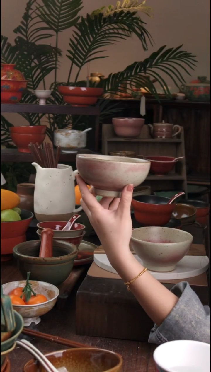 碗景德镇手工高温餐具桃红奶奶