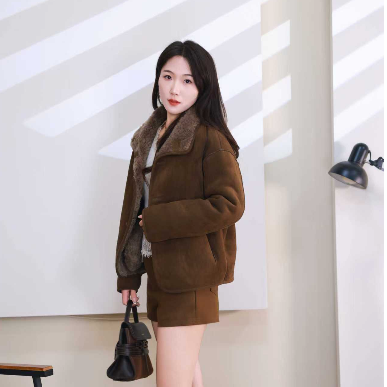 双面穿100%纯羊毛女士宽松显瘦单排扣冬季森系外套8001