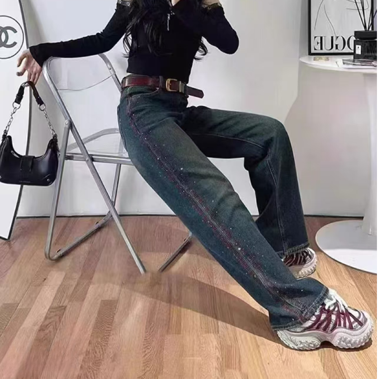 南油--秋冬新款高腰窄版烫钻刺绣直筒裤牛仔裤裤子