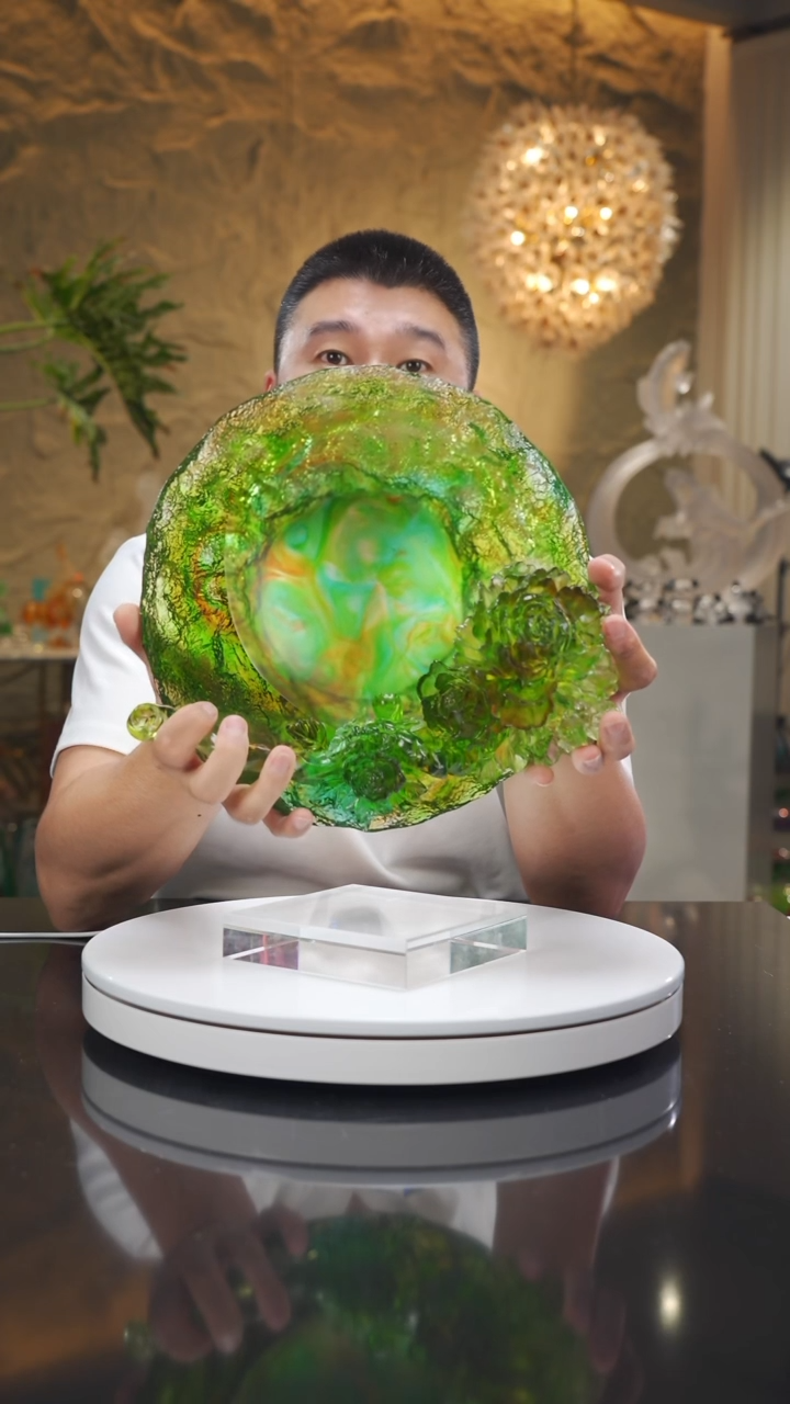 琉璃手工艺品设计款绿色如意牡丹花果盘摆件