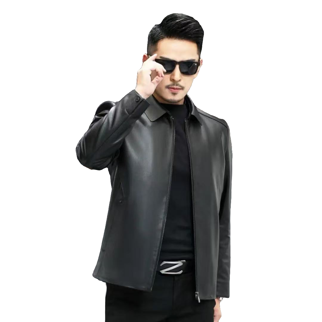 皮衣翻领时尚秋季厚款保暖翻领爸爸适中男商务薄款真皮修身