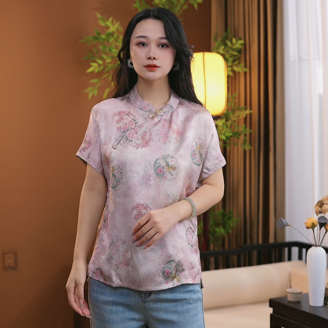 2025夏季新中式桑蚕丝短袖新款时尚显瘦百搭中国风上衣女S209