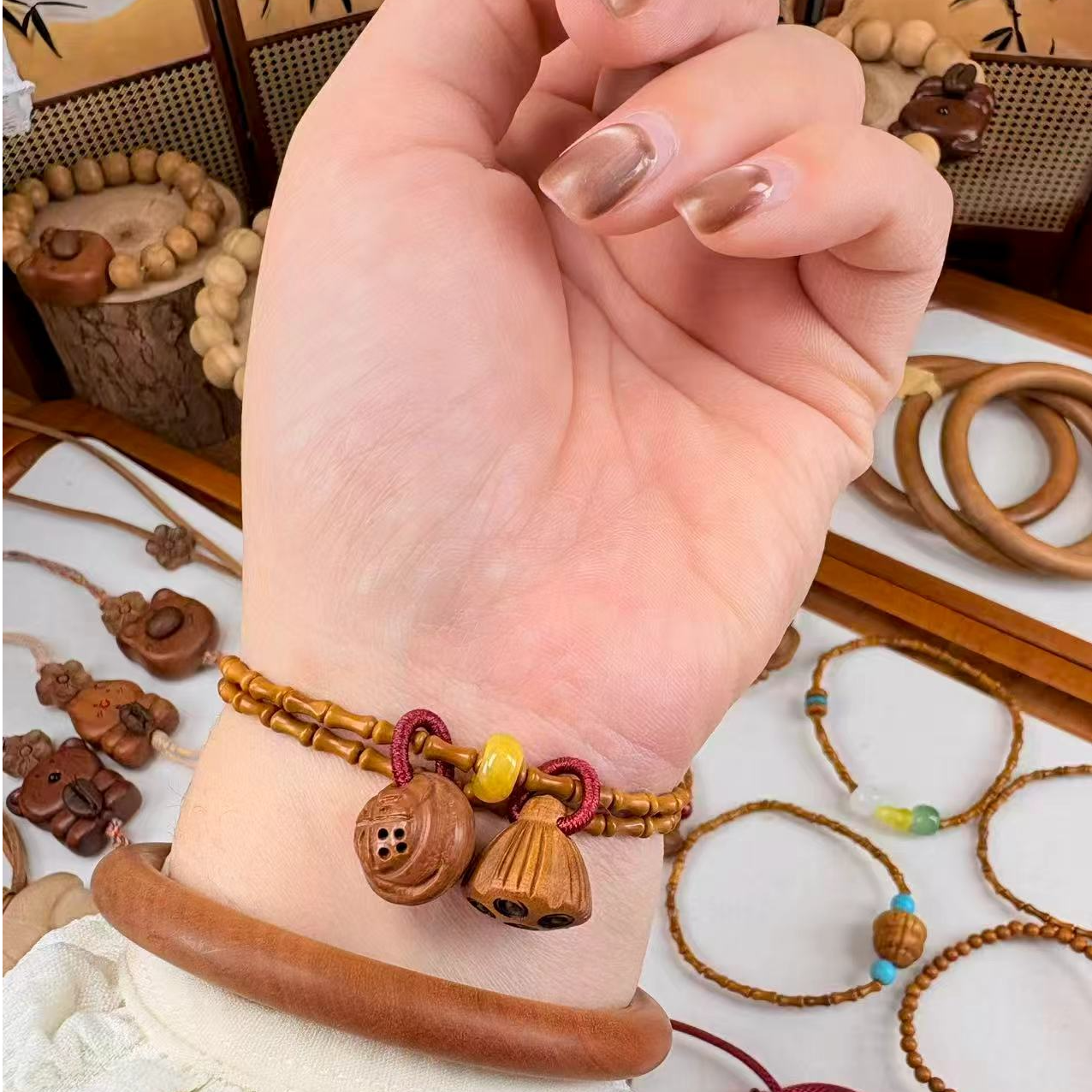  【桃安坊】竹节款双圈「福气连连」桃木桃核辟•挡•驱•护 备注手围