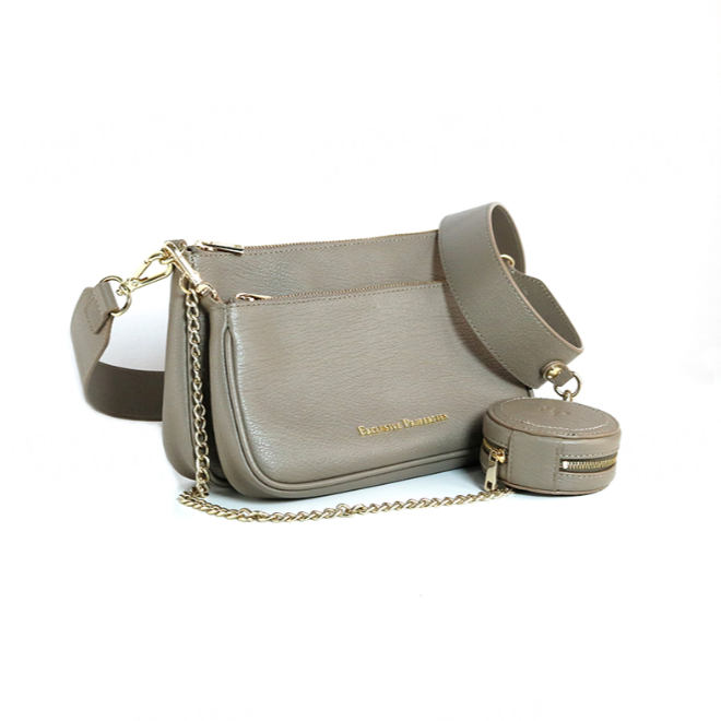 灰色高端款纯牛皮时尚斜跨单肩包三合一20C0300