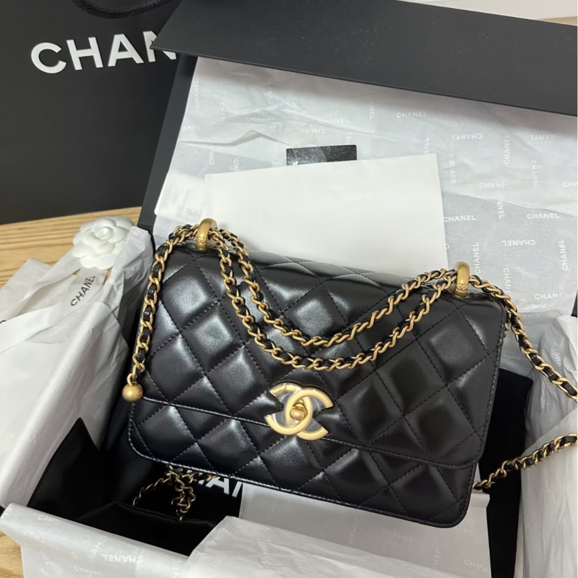 未使用 Chanel/香奈儿 小花柳 CF口盖包19cm芯片双金珠皮穿链