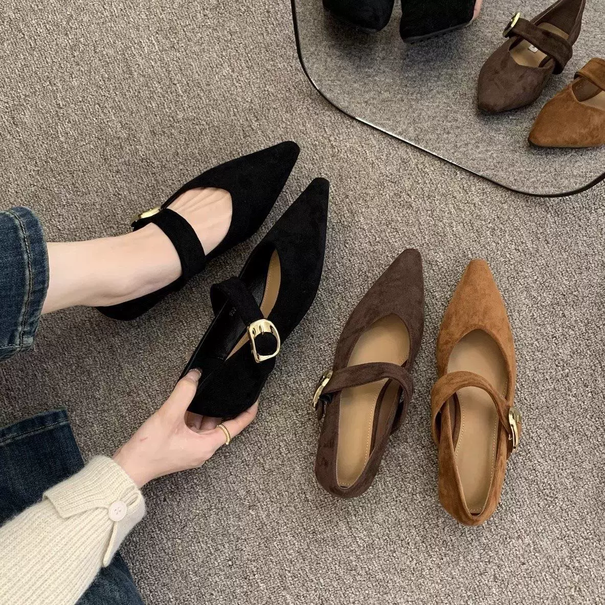 【yll】单鞋尖头浅口百搭韩版低跟低跟黑色秋冬加绒浅口鞋