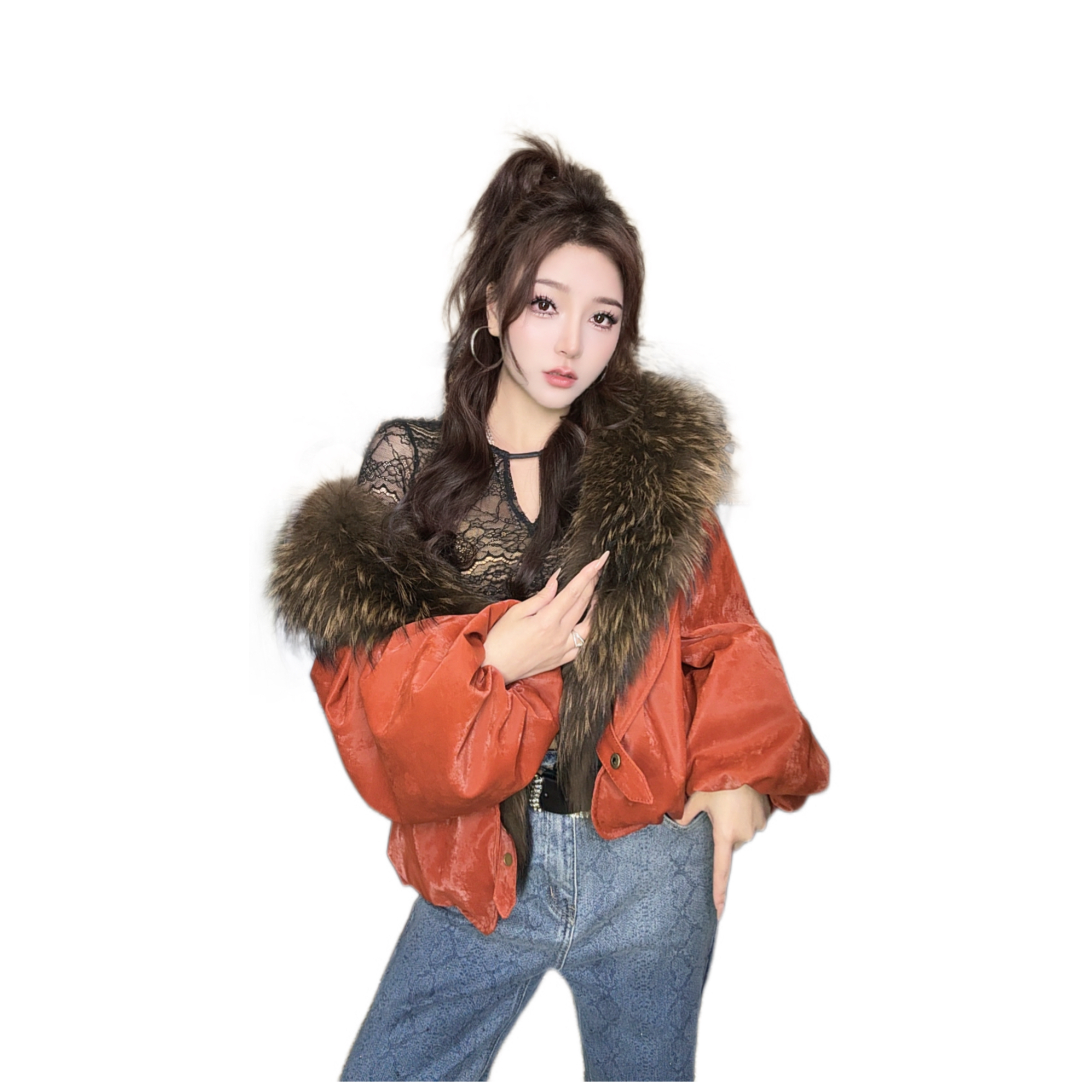 6069【橘祥如意】毛领可拆橘色慵懒风冬季显瘦短外套