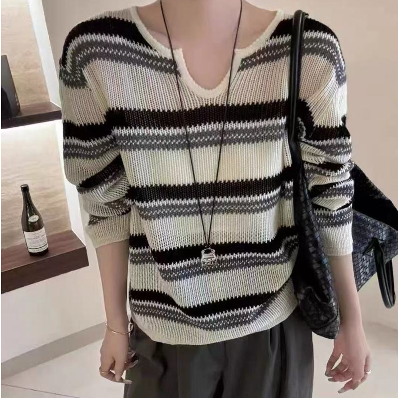 （清）V领条纹撞色套头长袖针织衫-T10（实物以直播间为准）