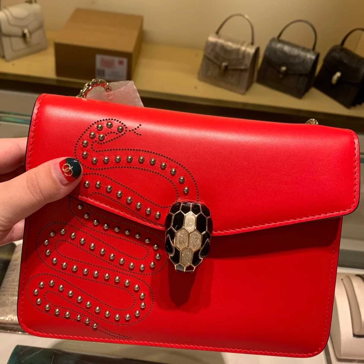 95新 BVLGARI/宝格丽 3461|红色蛇头经典斜挎包