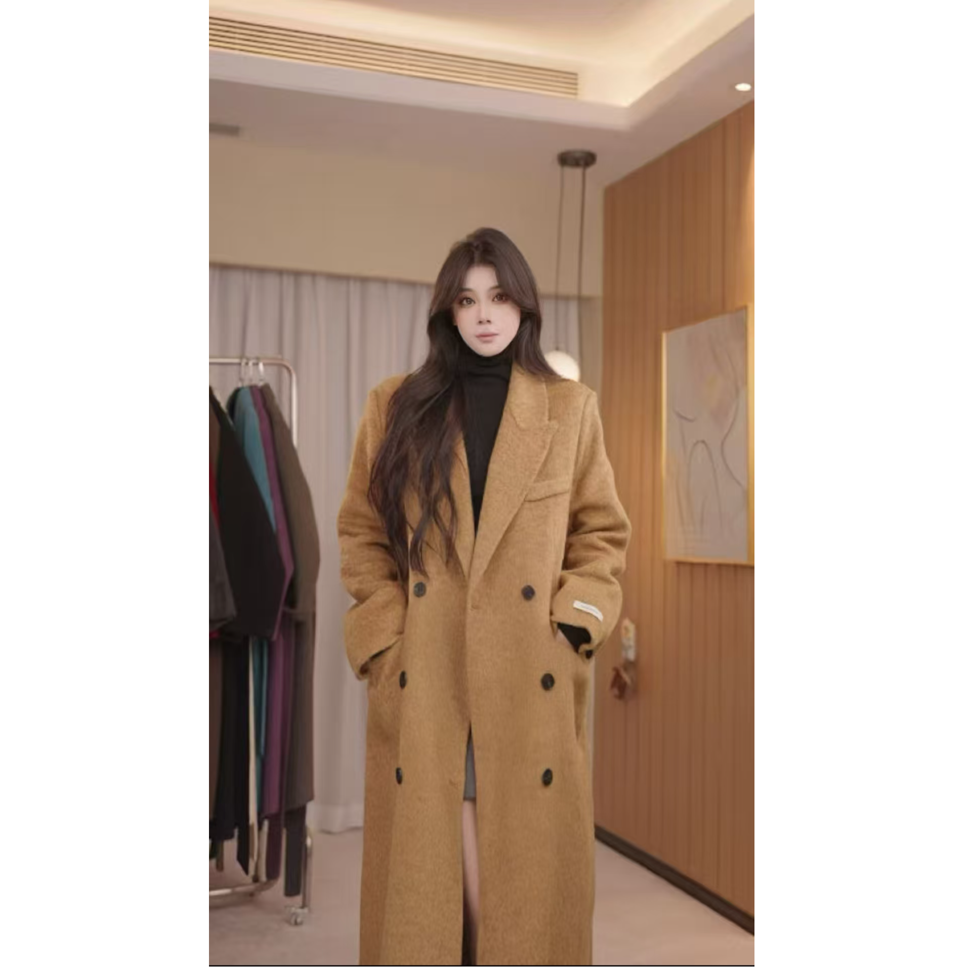 【】2025新款秋冬女长袖纯色冬季百搭宽松气质羊毛大衣25059