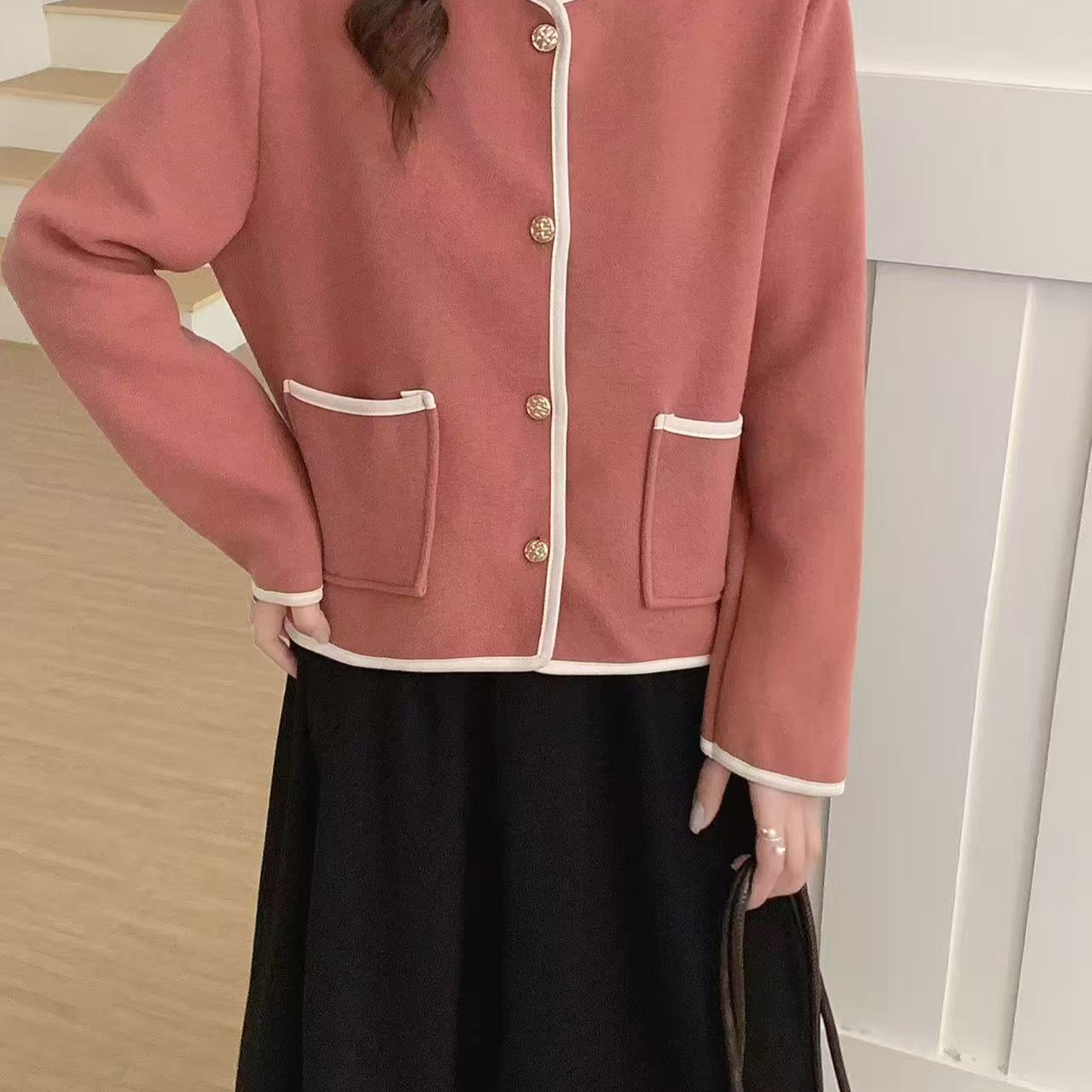 8042 M复古气质羊毛双面呢大衣女秋冬温柔宽松短款外套