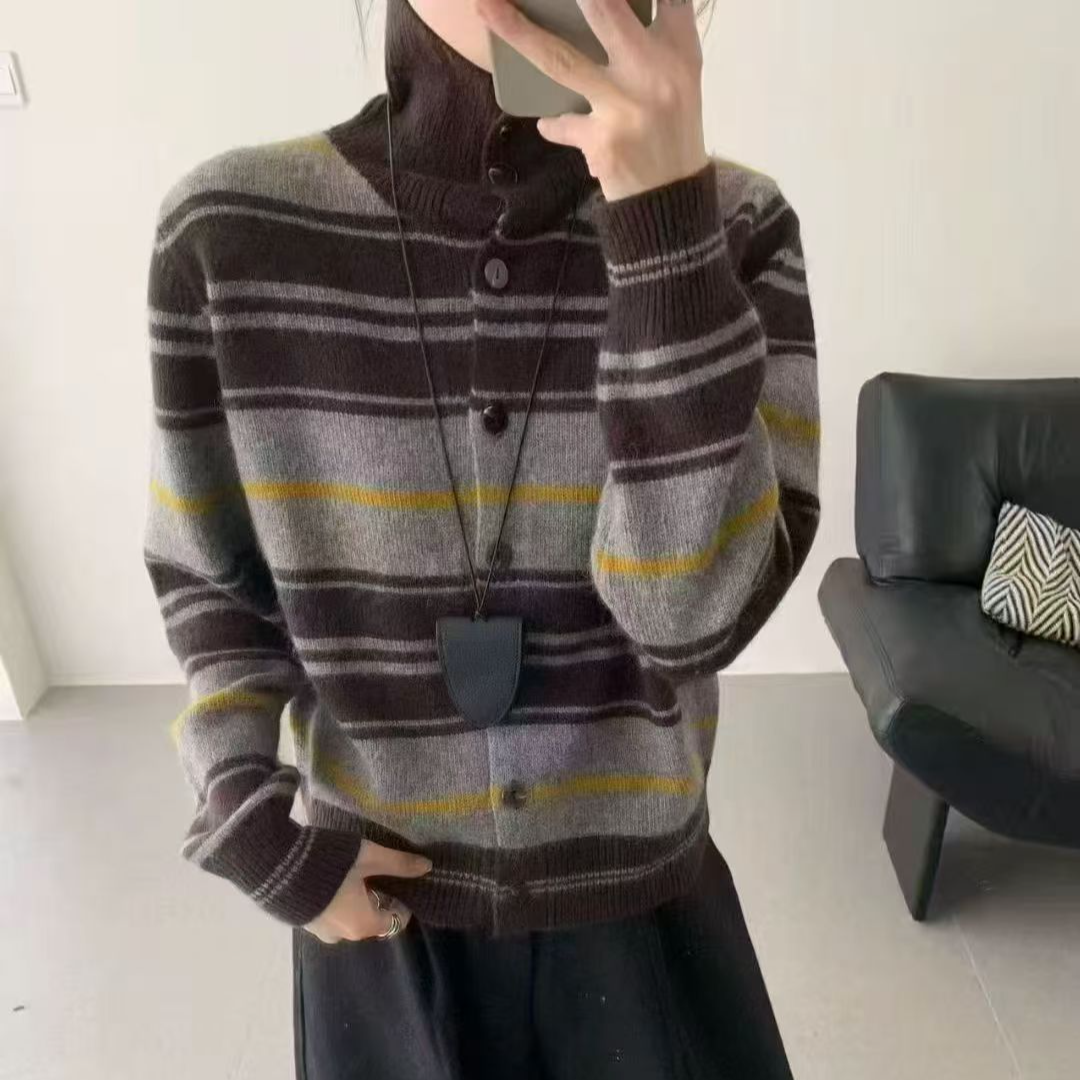 【锦衣服饰】XSY 693韩系时尚排扣撞色条纹高领长袖针织开衫