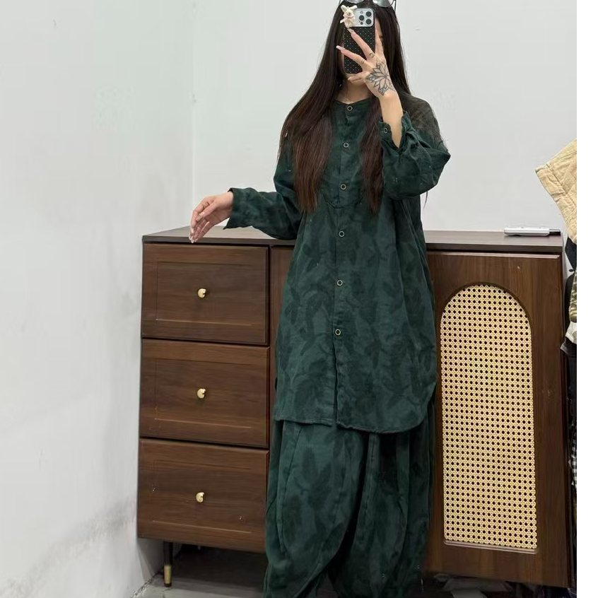 圆领厚款新中式拼接镂空针织衬衫衬衫外套宽松女装套装