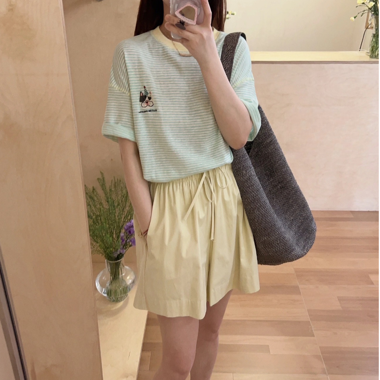 范不饱饱 W001-´无绿不夏´狗狗刺绣条纹女T恤