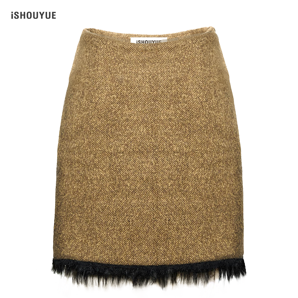 iSHOUYUE复古电影人字纹羊毛短半裙 秋冬轻奢时尚棕色毛呢A字裙