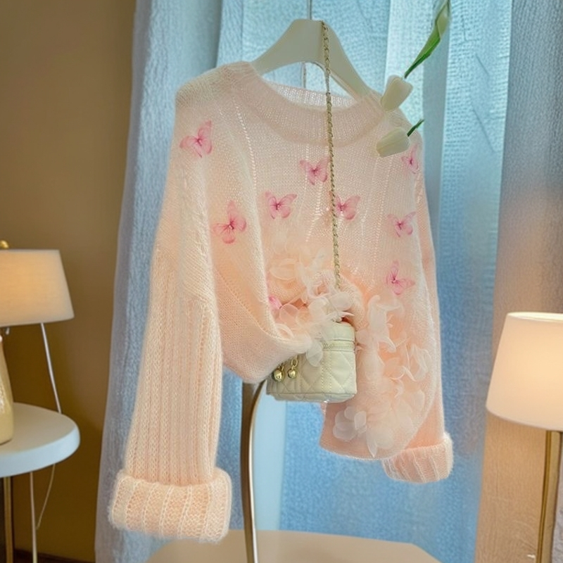 千语栀【朝云暮霞】秋季甜美上衣花朵气质蝴蝶时尚女宽松针织针织衫