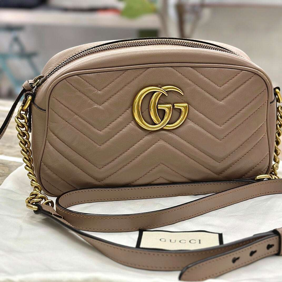 99新 GUCCI/古驰 马蒙相机/单肩包/奶茶色斜挎包女士中号