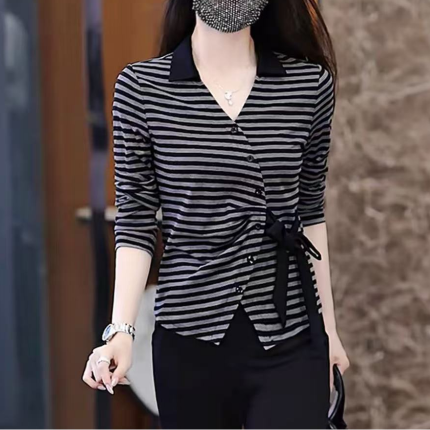 2025秋季新款时尚长袖条纹T恤系带女气质显瘦上衣25803#衣长52