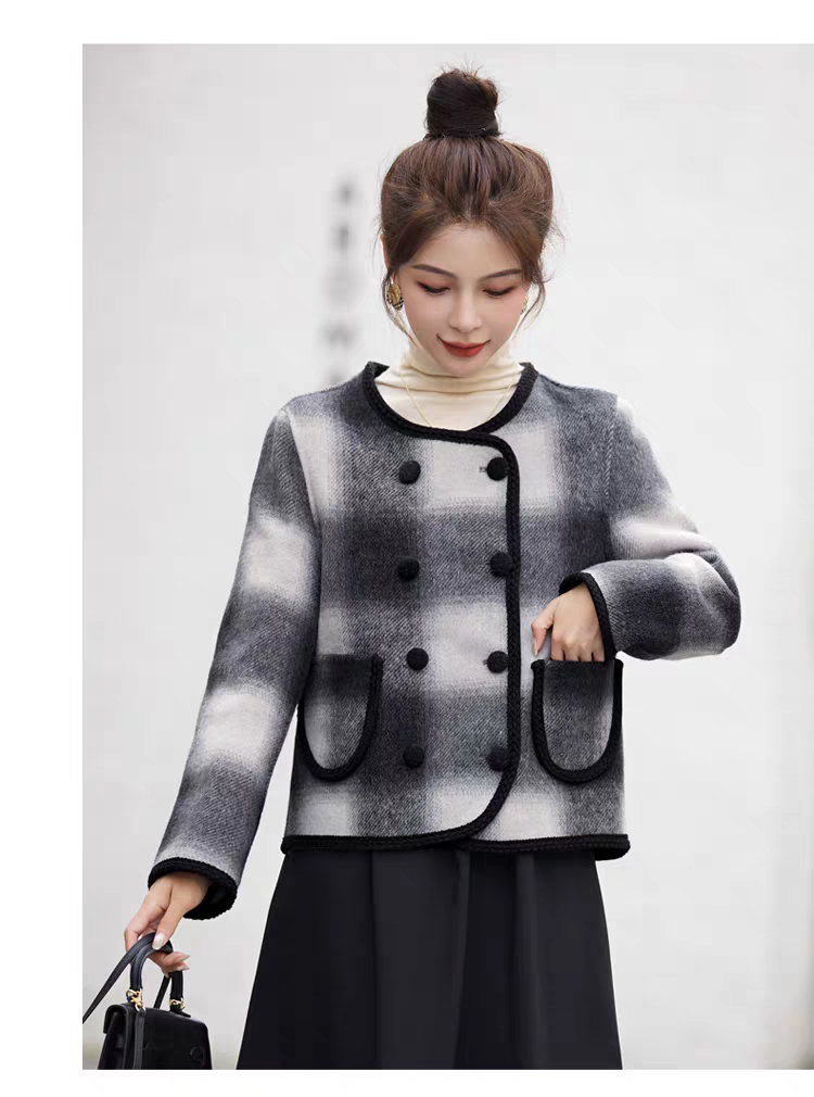 8520女士短款格子双面毛呢外套加厚不起球时尚气质秋冬适用