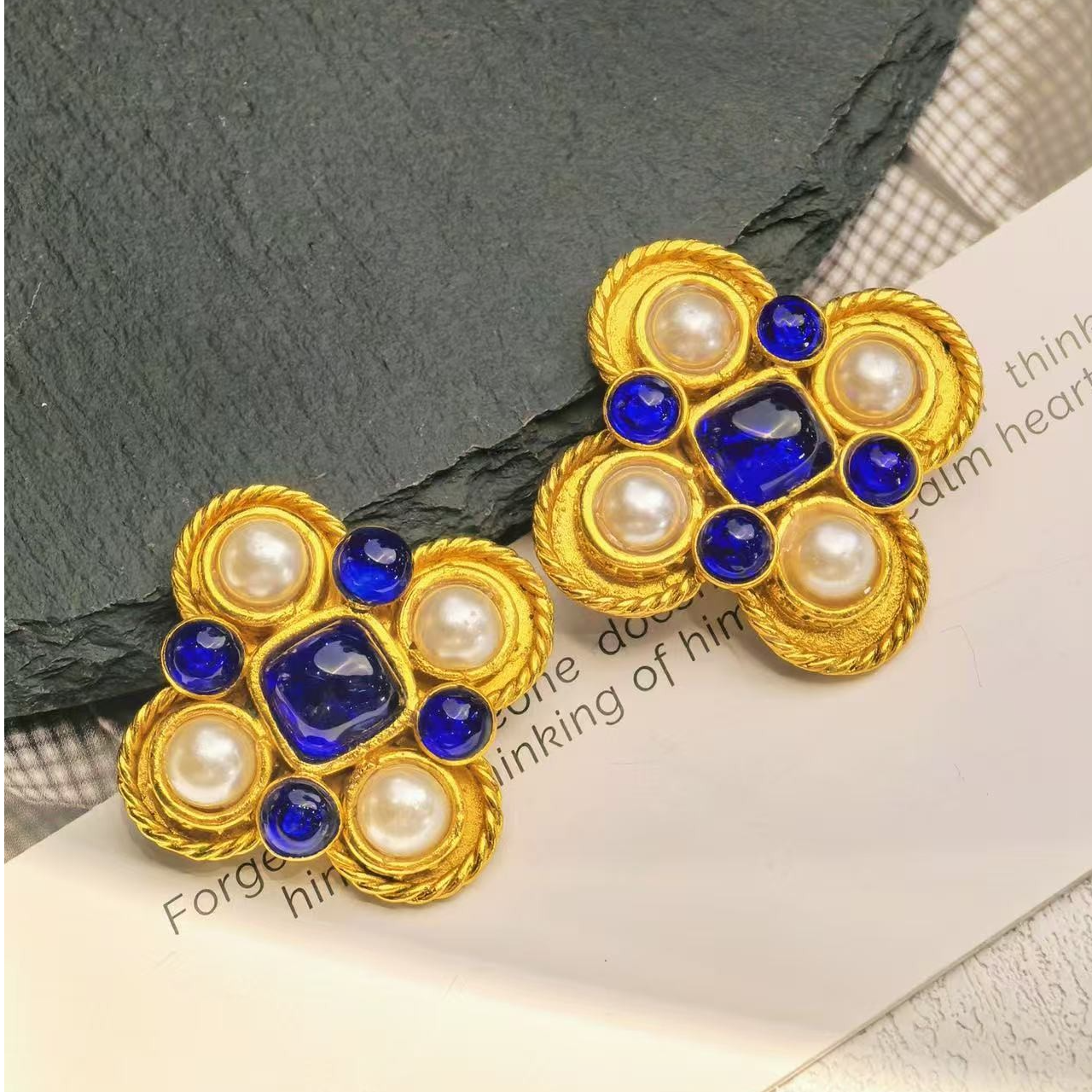 95新 Chanel/香奈儿 中古素金蓝色琉璃珍珠耳夹/MJ5117
