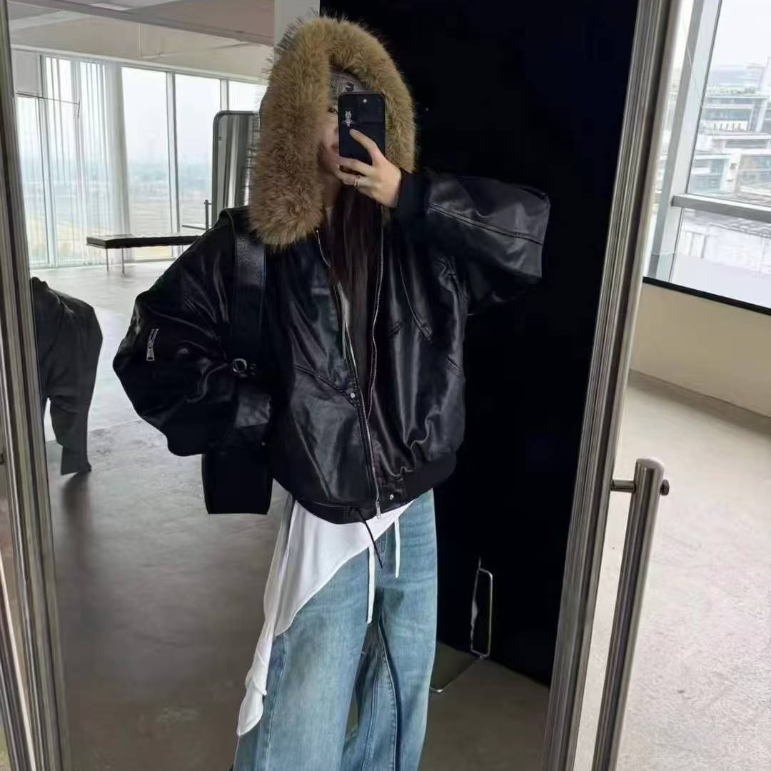 6518可拆毛毛领拼接拉链连帽棉服女冬季加绒内里保暖外套