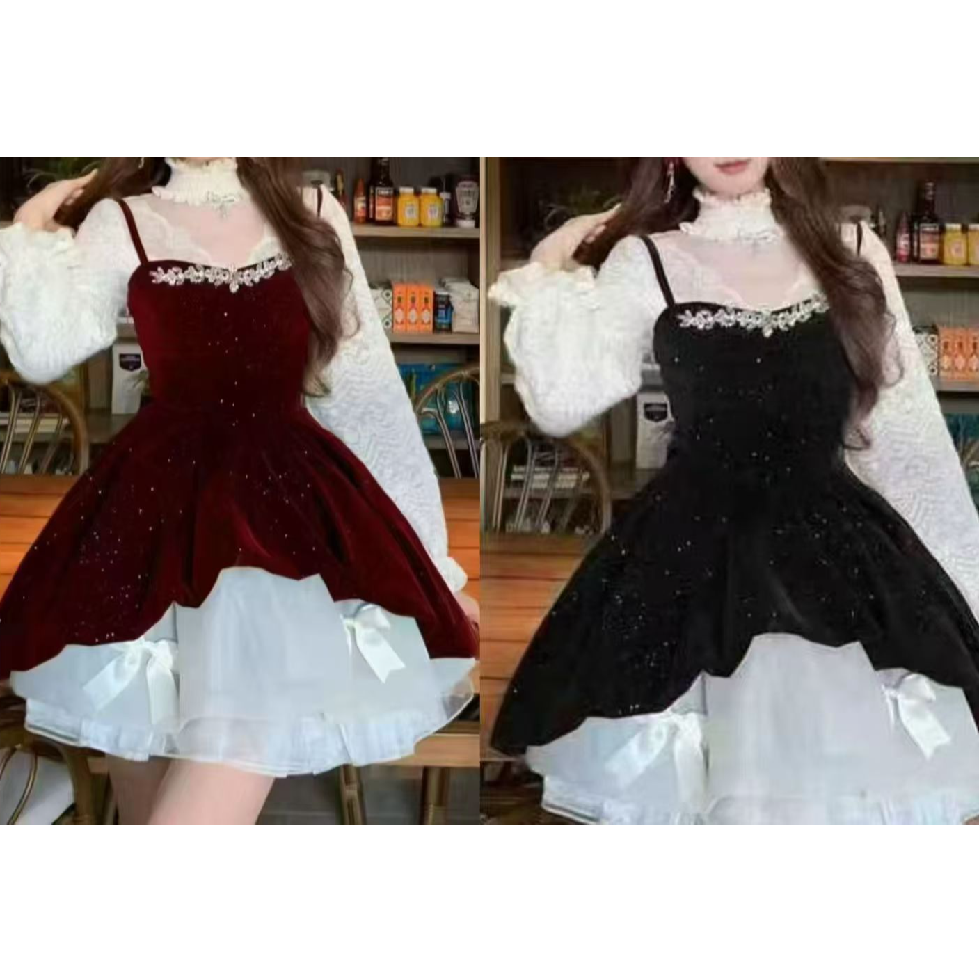 高级重工衬衫显瘦丝绒lolita拼接连衣裙长袖公主裙子蕾丝少女复古