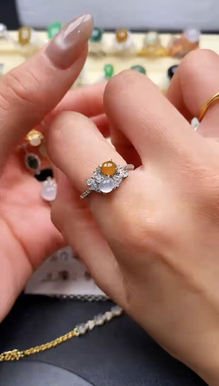 【闪购商品】翡翠戒指银S925镶嵌缅甸天然A货翡翠55  4-3