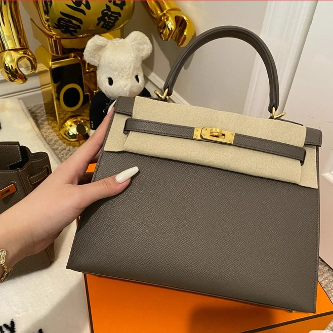 99新 Hermes/爱马仕 小花柳 Kelly28 锡器灰 Y刻 金扣包