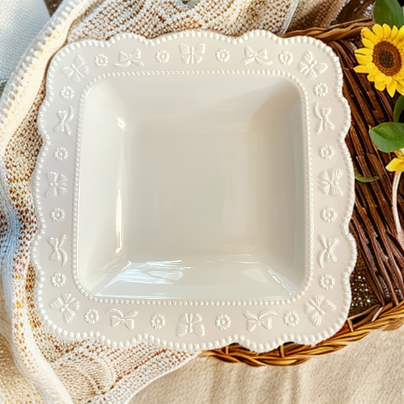 欧式复古风浮雕蝴蝶结陶瓷家用正方形盘 2件 菜盘 面盘餐盘意面盘