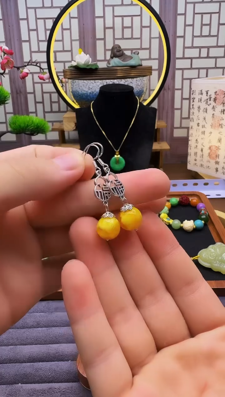 银S925镶嵌蜜蜡耳饰E57