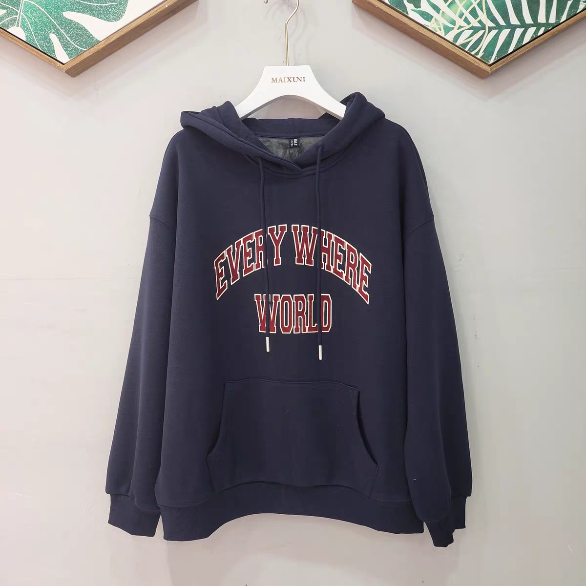 麦寻冬季新款WYMLQ003藏青蓝色中长连帽卫衣加绒加厚女宽松银狐绒