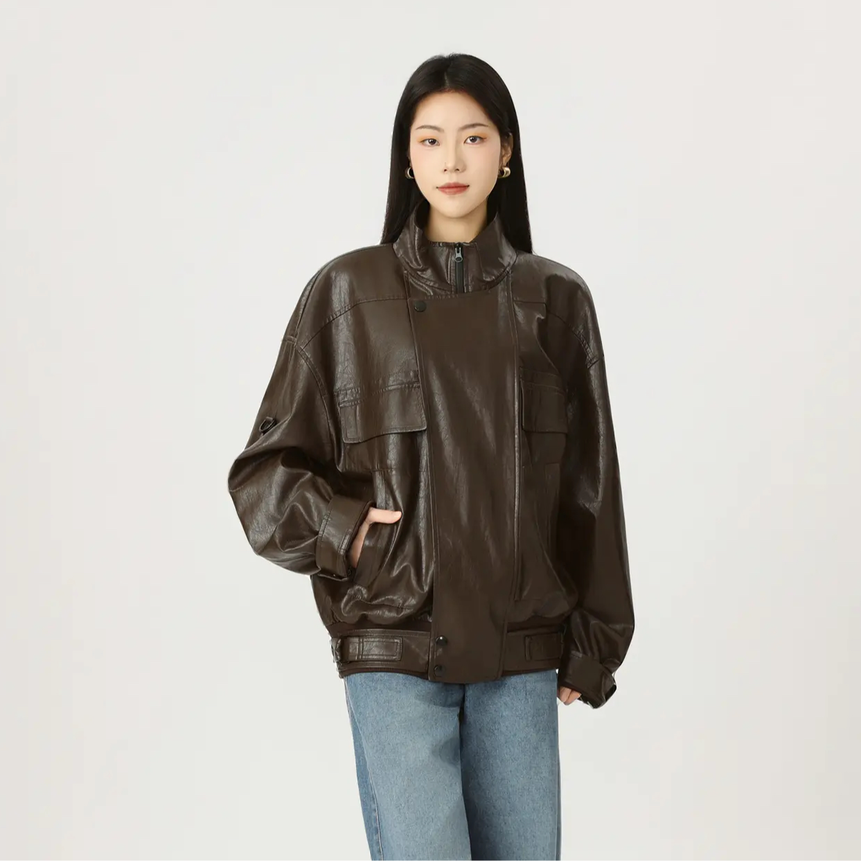 AMASS/阿玛施冬日暖系流光风质感宽松时尚复古酷飒皮衣外套540091