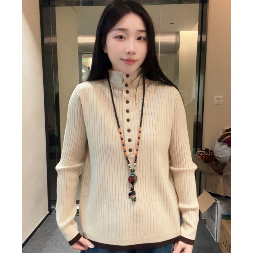 2025秋冬新款套头毛针织衫女拼色保暖针织衫修身显瘦打底针织衫