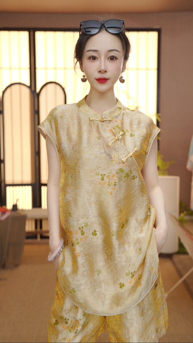 新中式2025夏季气质百搭提花立领短袖上衣裤子女FB2505314