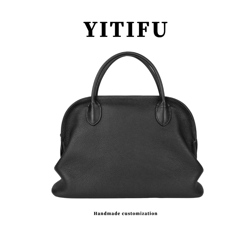 YITIFU  头层牛皮极简风保龄球手拎包自然褶皱女包新款高级简约
