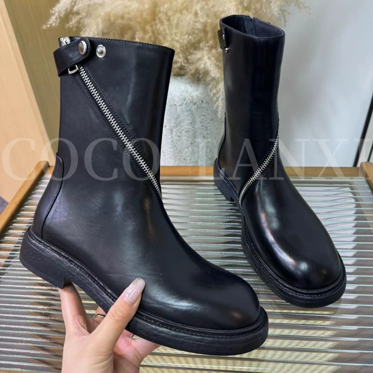  【若希】休闲百搭黑色厚底英伦风圆头短靴24XZ662LX