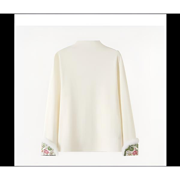 刺绣新中式复古T恤纯色秋冬通勤打底衫加绒植物花卉