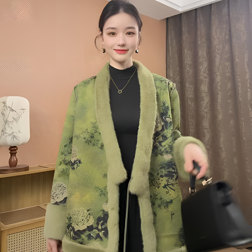 嘉兴海宁绿色中长款女印花短款绿色系复古港风双面双穿