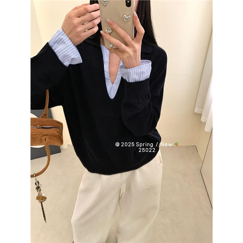 韩式条纹 拼接假两件长袖针织衫女秋冬新款设计感宽松显瘦V领上衣