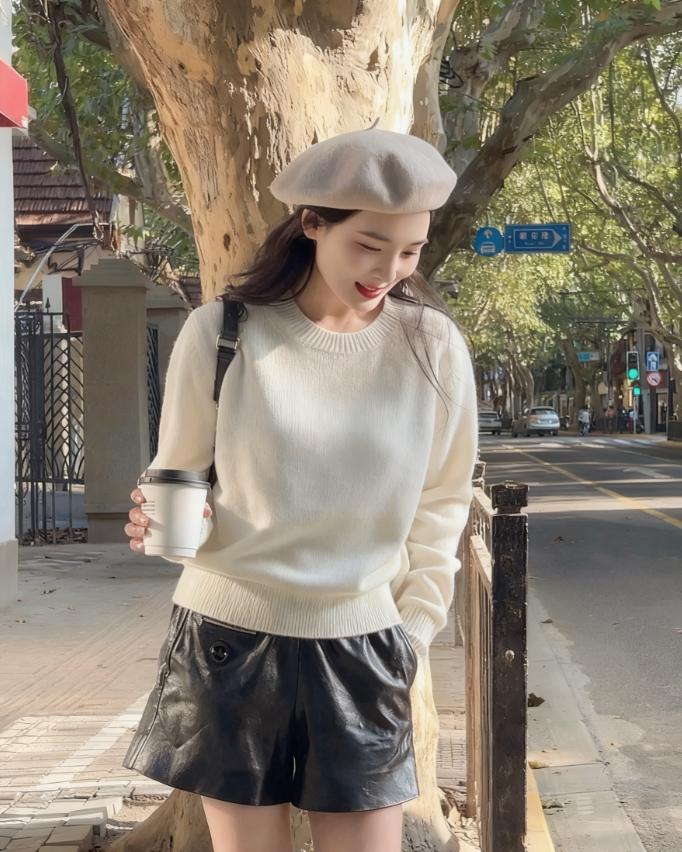 2025年新款网红宽松型圆领长钻石袖秋冬羊绒衫F002