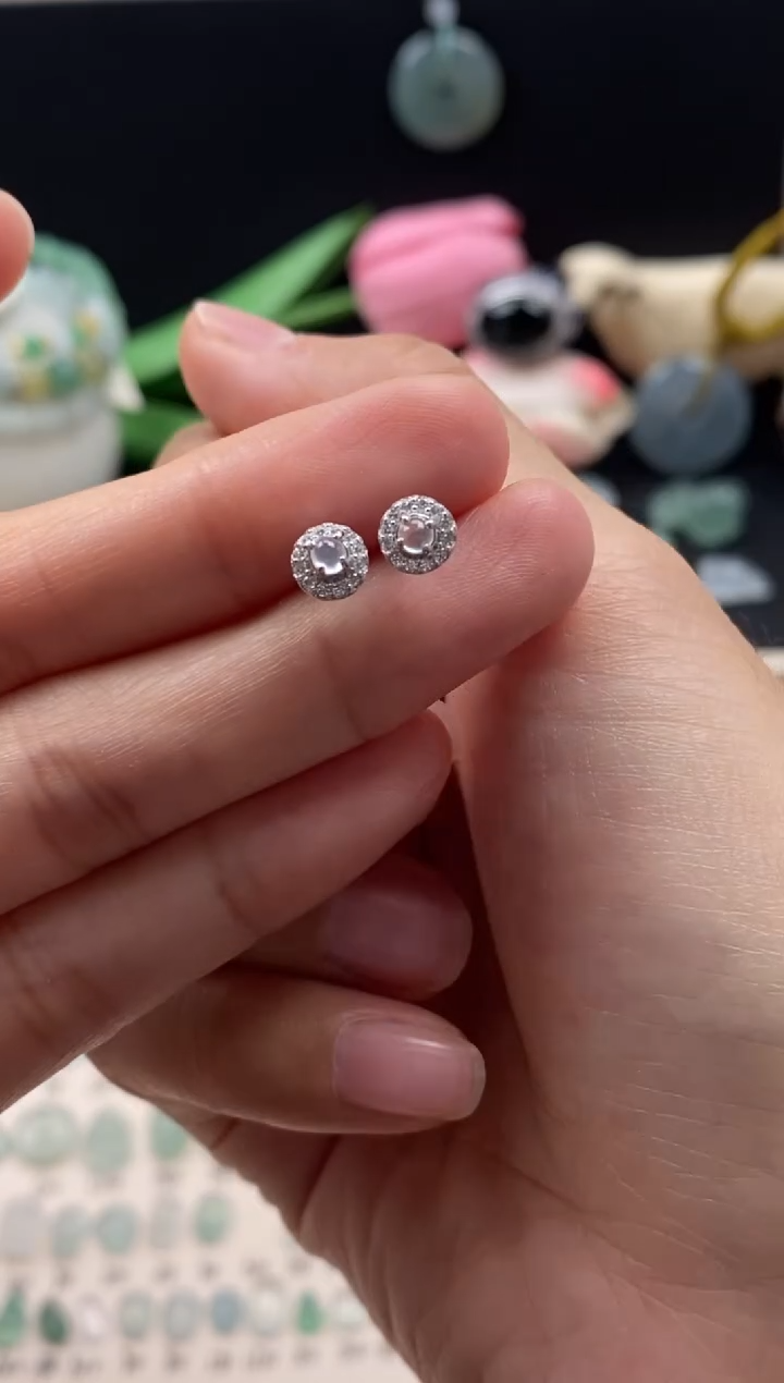 【闪购商品】翡翠耳饰银S925镶嵌翡翠白冰蛋面耳饰