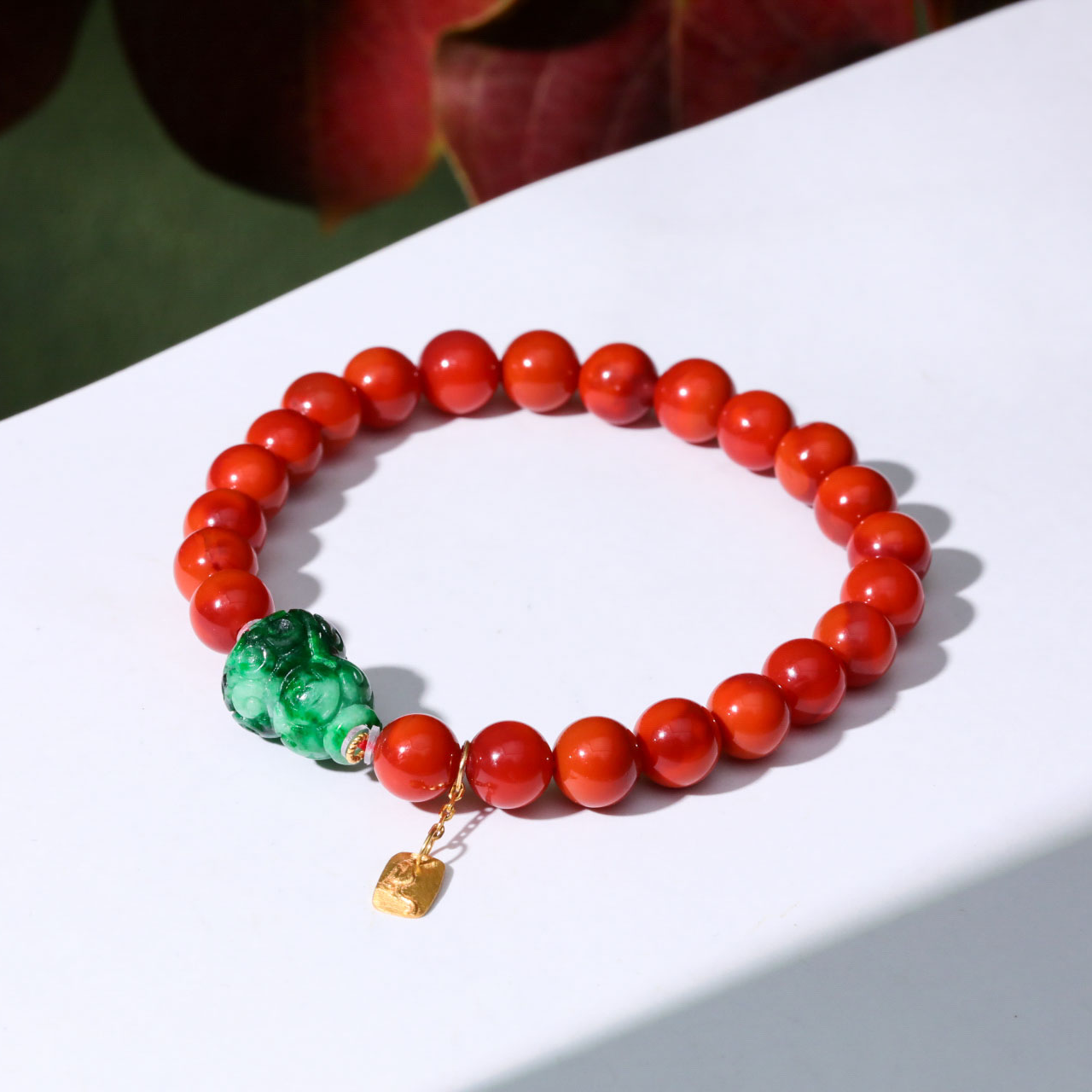 【意婵】《又一年》“双12”18K金原矿满肉牛血红南红单圈翡翠-916750