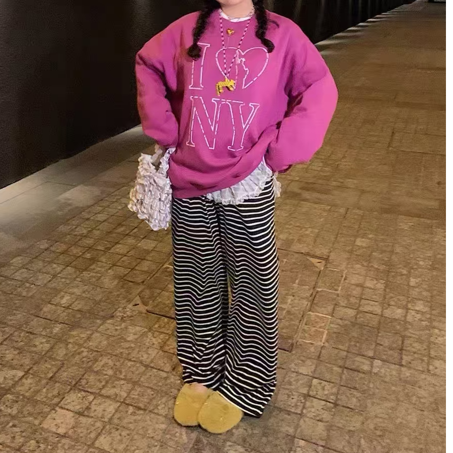 3456黑白条纹裤子女新款高腰垂感窄版加厚阔腿裤直筒休闲拖地长裤