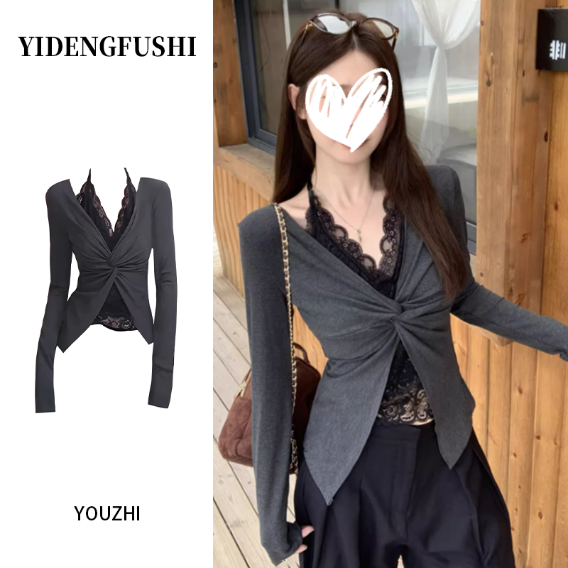 纯欲辣妹蕾丝V领扭结假两件长袖T恤女秋冬别致修身显瘦巨好看上衣