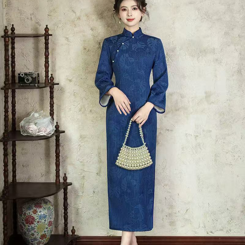 【风清余】2025新款时尚牛仔提花长袖复古民国风气质中国风日常旗袍