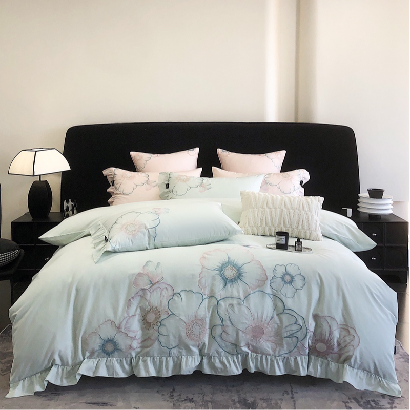 【安妮花园绿】法式浪漫花边刺绣全棉纯棉100%棉四件套套件四件套