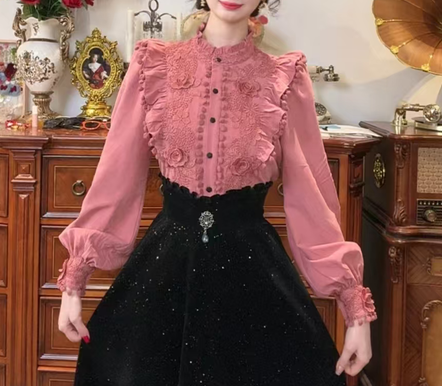 法式衬衫女装早秋高端小资小上衣粉色立领衬衣