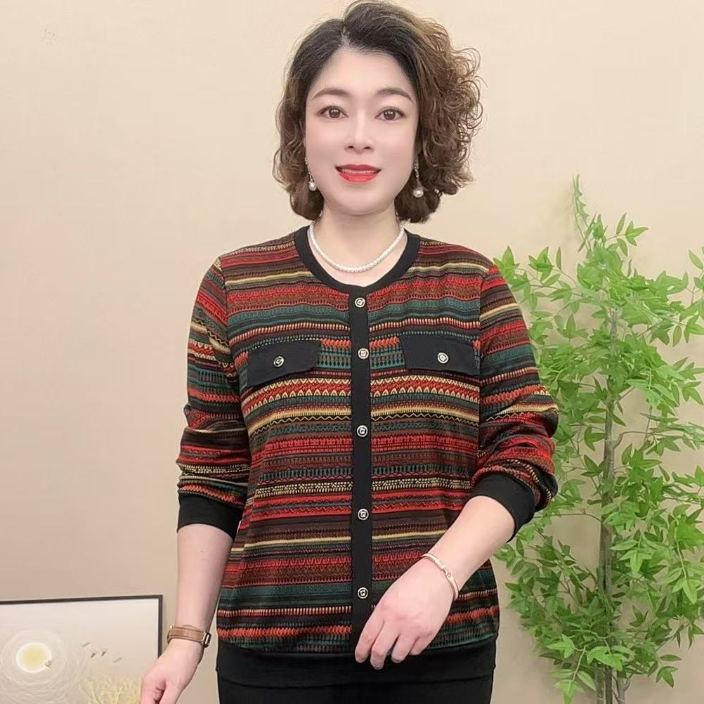 长袖妈妈装时尚秋季中老年女装秋冬百搭圆领显瘦宽松条纹上衣气质